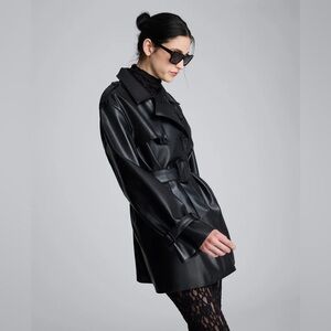 New With Tags Women's Faux Leather Double Breasted Black Trench Coat